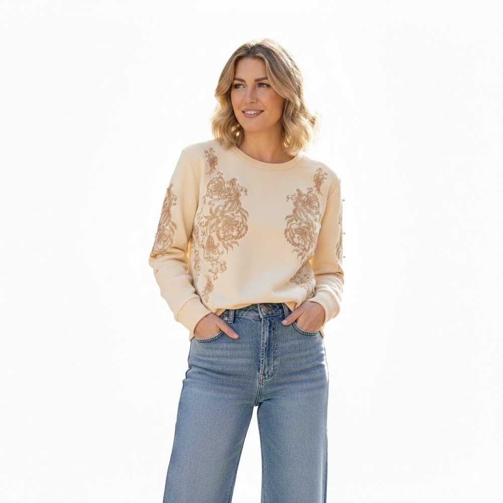 Calligraphie‎ Embroidered Pullover Sweatshirt S Ivory Floral Boho Shabby Chic XL